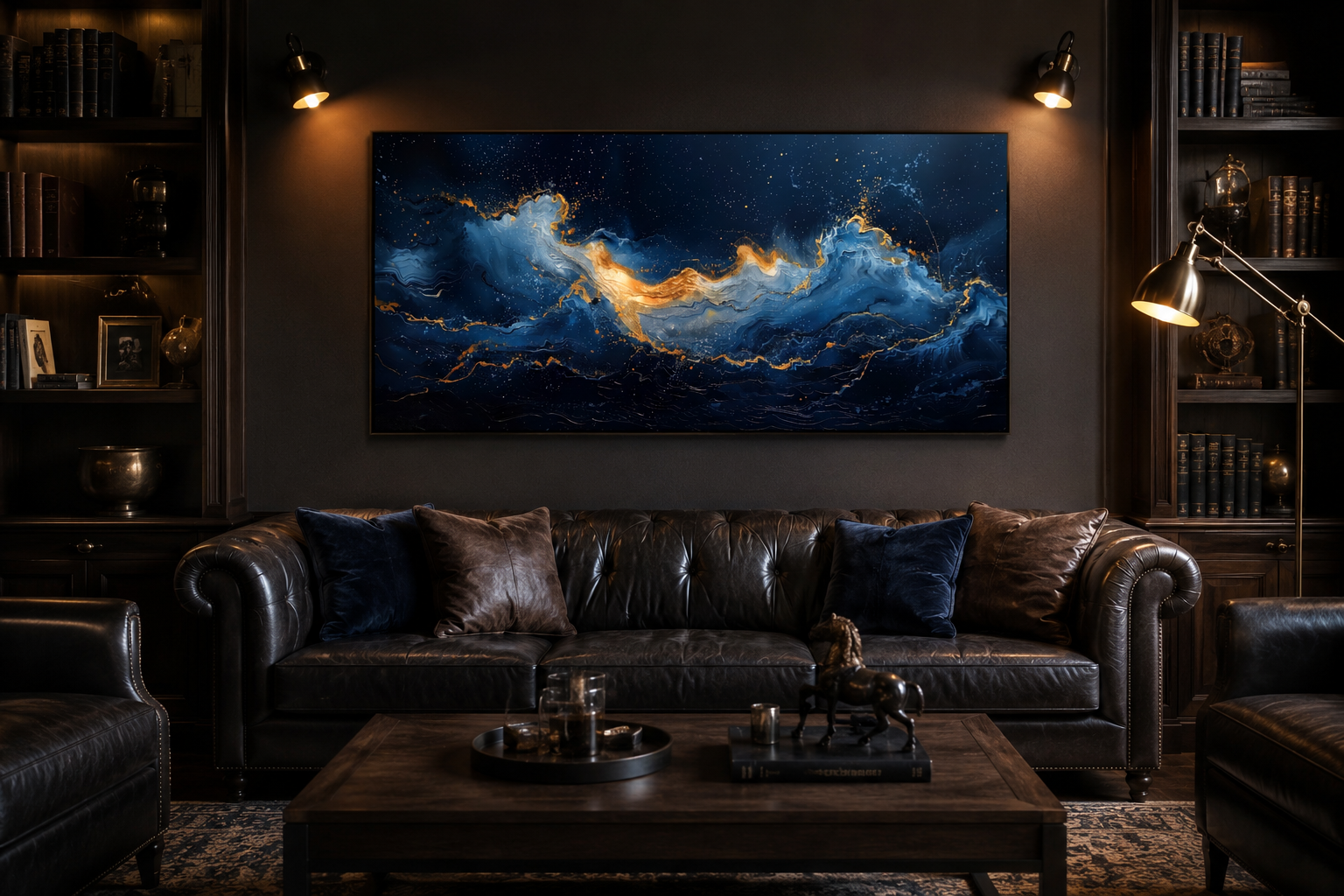 Navy Blue Gold Nautical Wall Art – Abstract Ocean Wave Canvas for Mens Bed