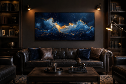 Navy Blue Gold Nautical Wall Art – Abstract Ocean Wave Canvas for Mens Bed