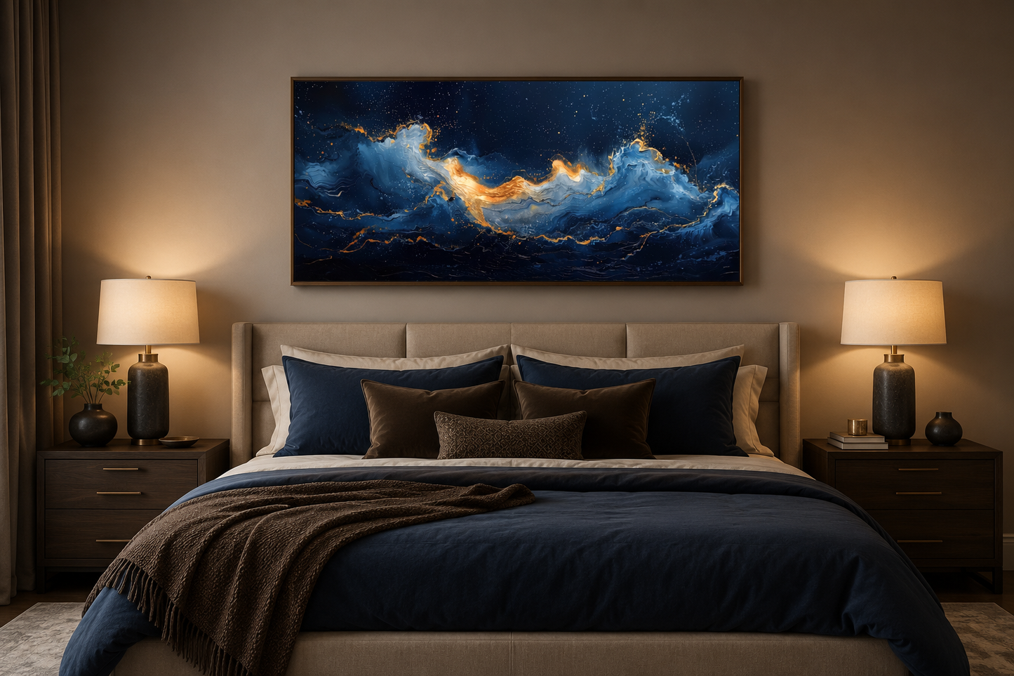 Navy Blue Gold Nautical Wall Art – Abstract Ocean Wave Canvas for Mens Bed