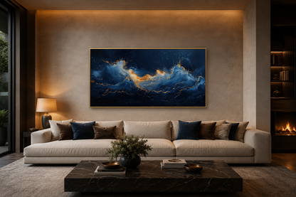 Navy Blue Gold Nautical Wall Art – Abstract Ocean Wave Canvas for Mens Bed