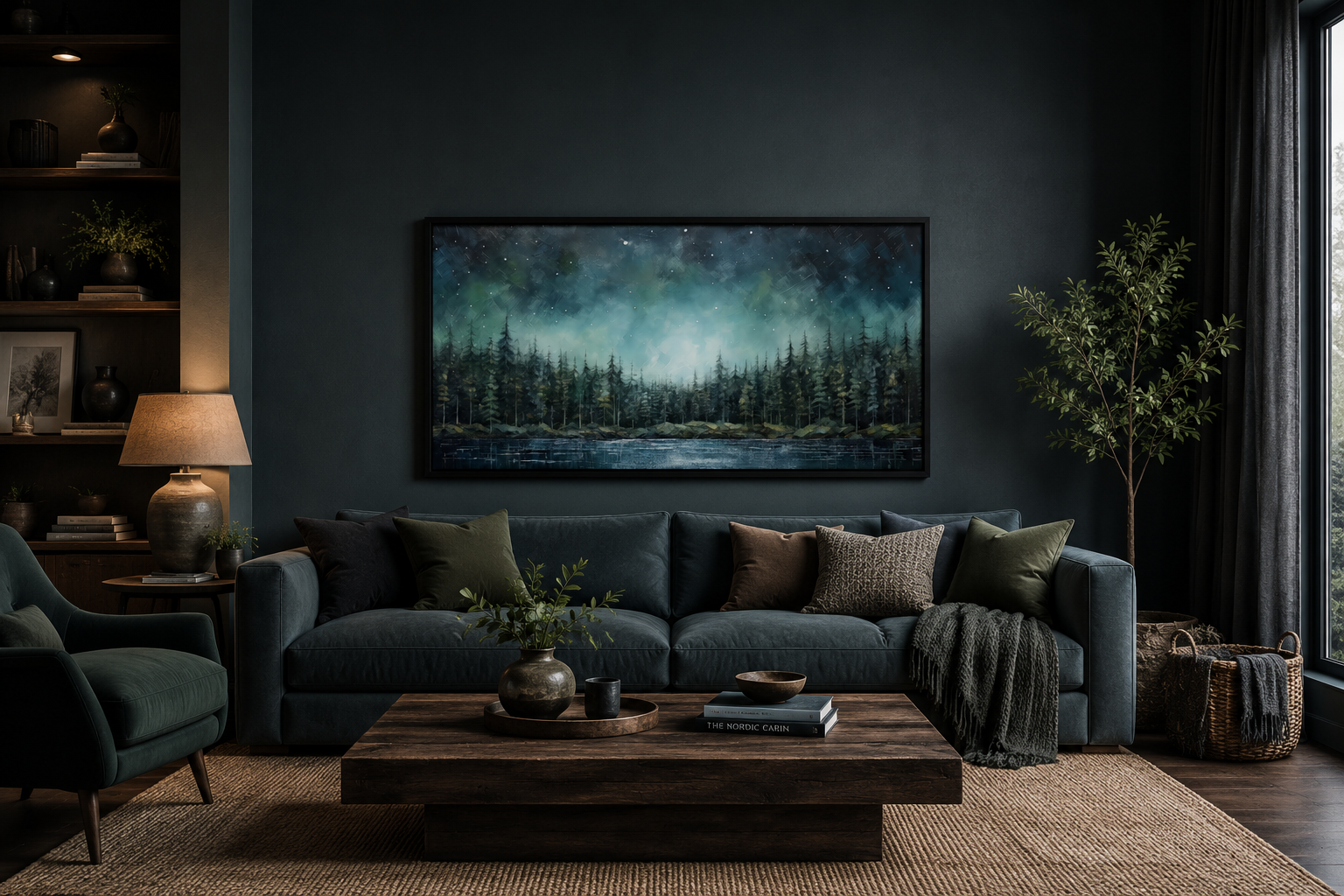 Abstract Starry Sky Wall Art - Green Fir Forest Canvas | Tranquil Lake Decor