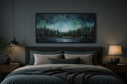 Abstract Starry Sky Wall Art - Green Fir Forest Canvas | Tranquil Lake Decor