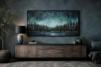 Abstract Starry Sky Wall Art - Green Fir Forest Canvas | Tranquil Lake Decor