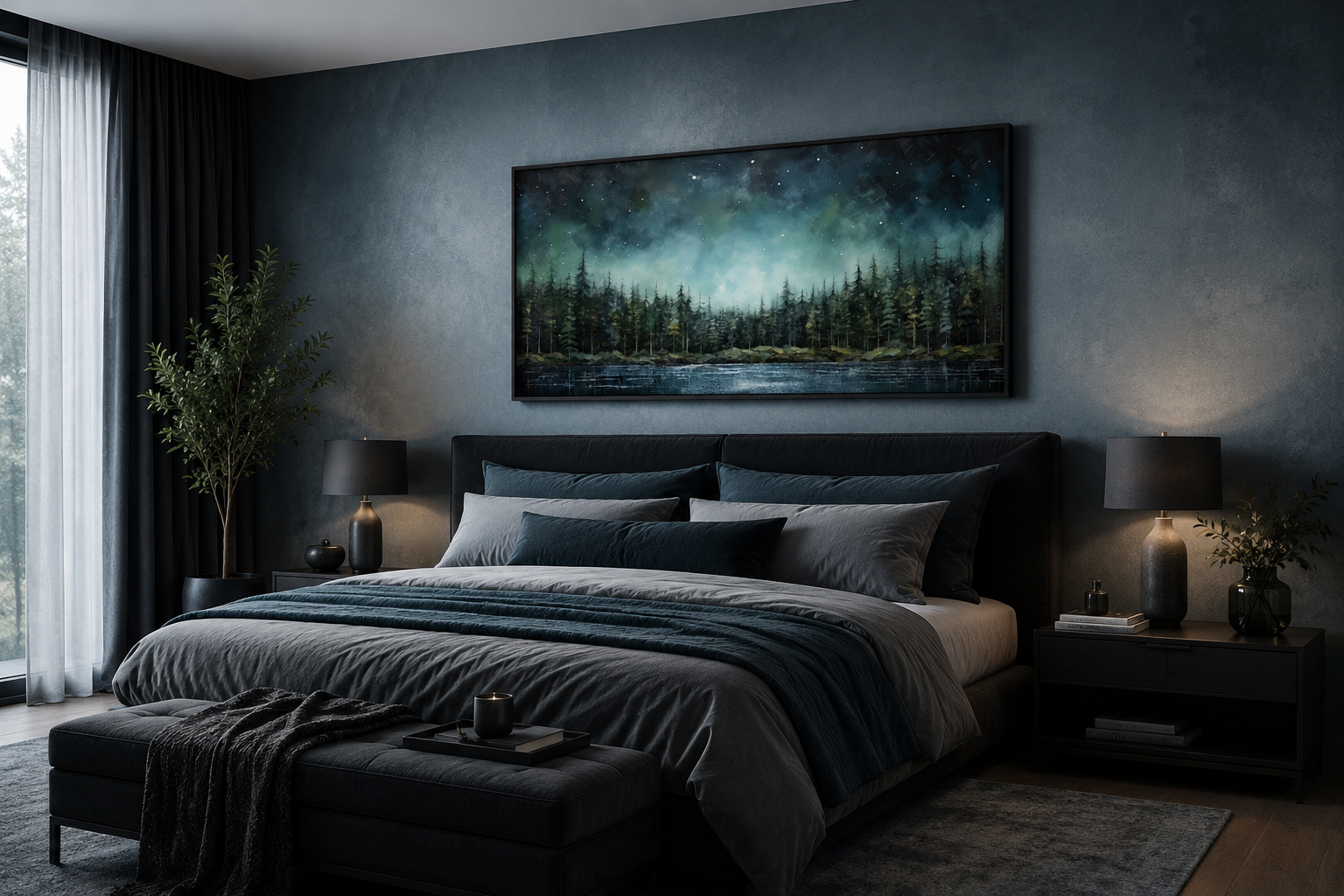 Abstract Starry Sky Wall Art - Green Fir Forest Canvas | Tranquil Lake Decor