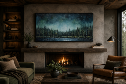 Abstract Starry Sky Wall Art - Green Fir Forest Canvas | Tranquil Lake Decor