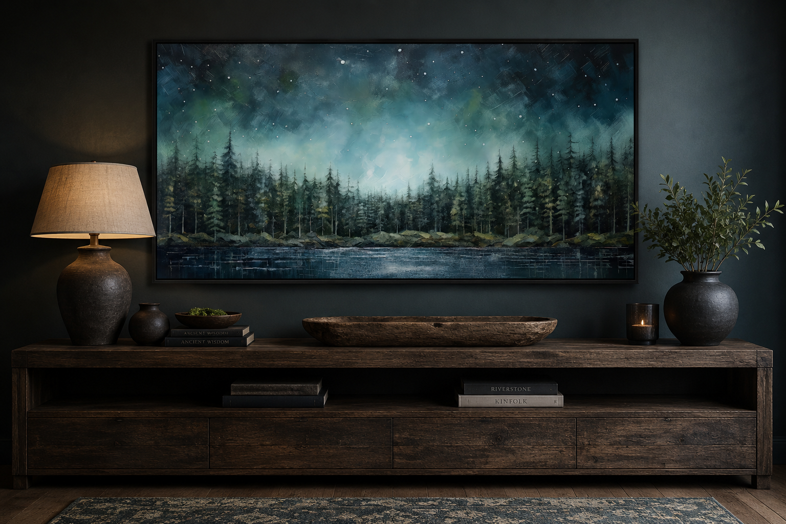 Abstract Starry Sky Wall Art - Green Fir Forest Canvas | Tranquil Lake Decor