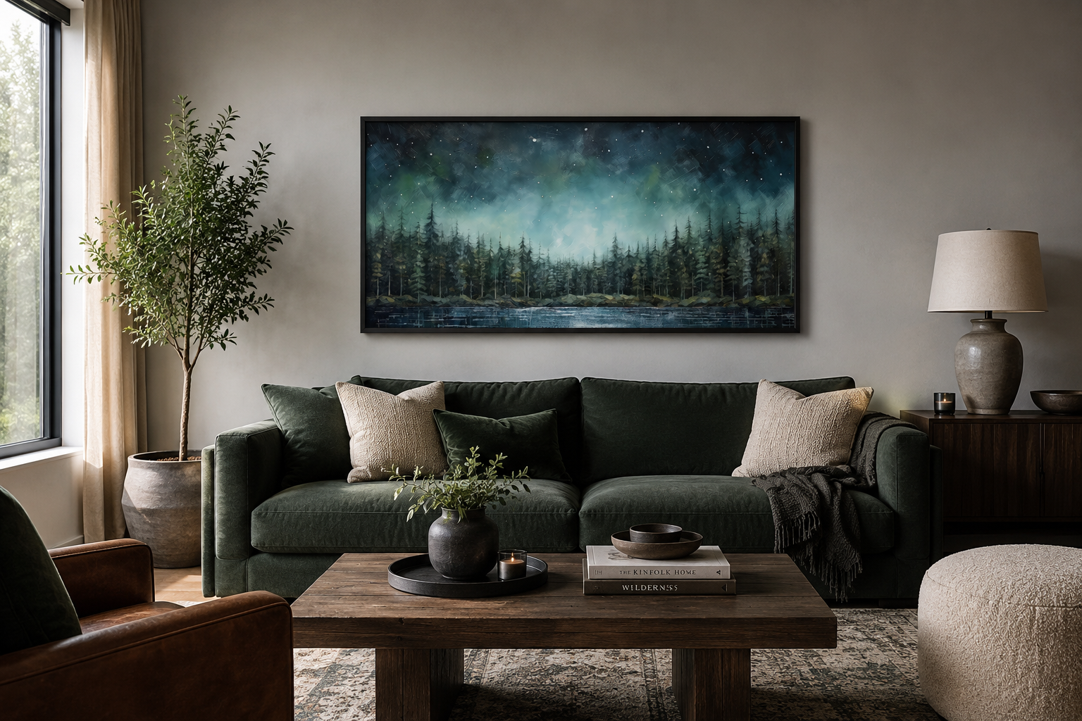 Abstract Starry Sky Wall Art - Green Fir Forest Canvas | Tranquil Lake Decor