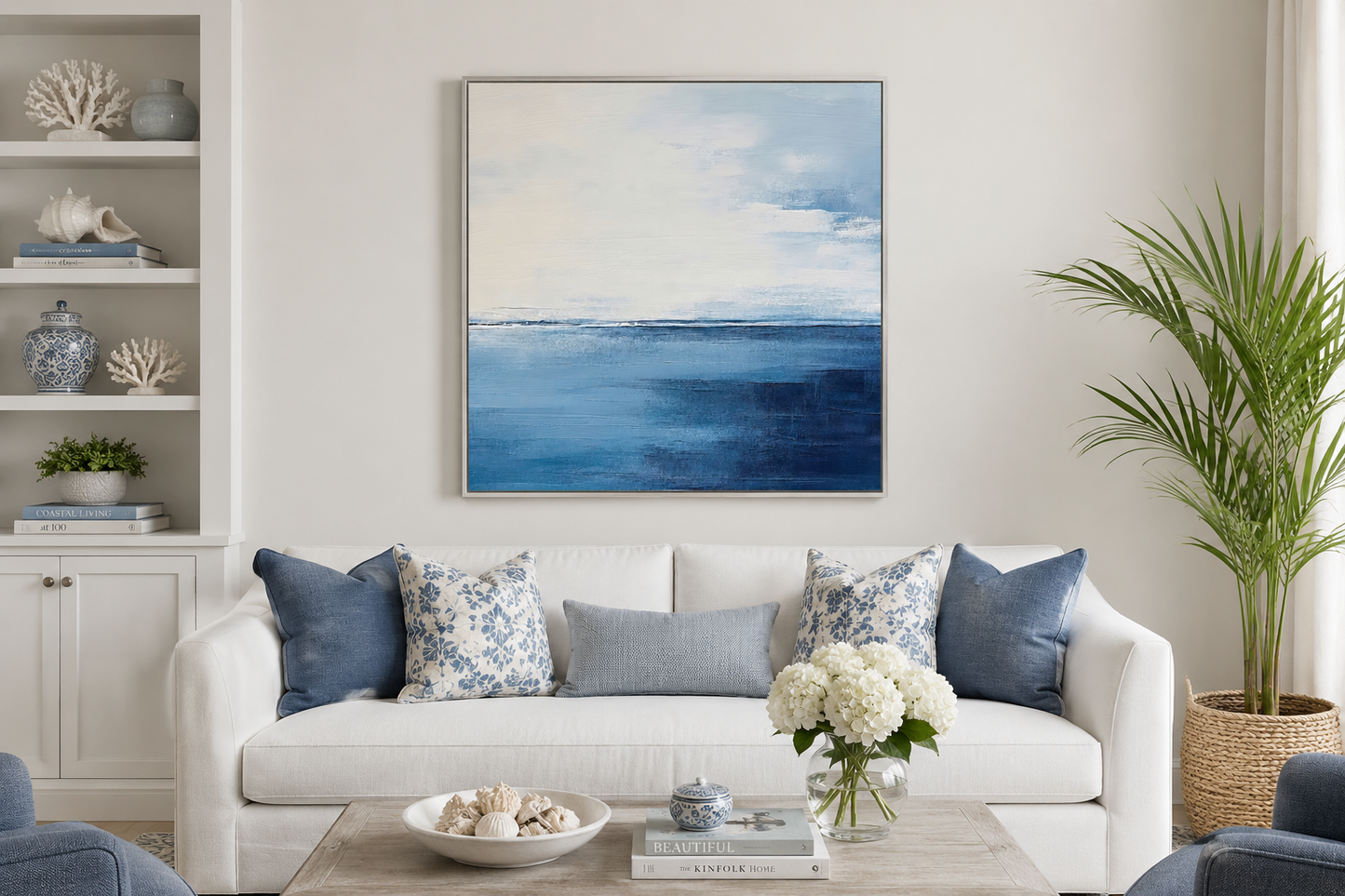 Abstract Ocean Grey Silver Navy Blue Square Framed Canvas Wall Art