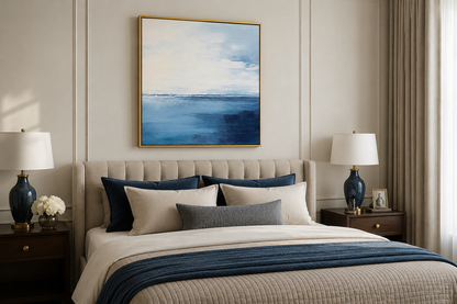Abstract Ocean Grey Silver Navy Blue Square Framed Canvas Wall Art