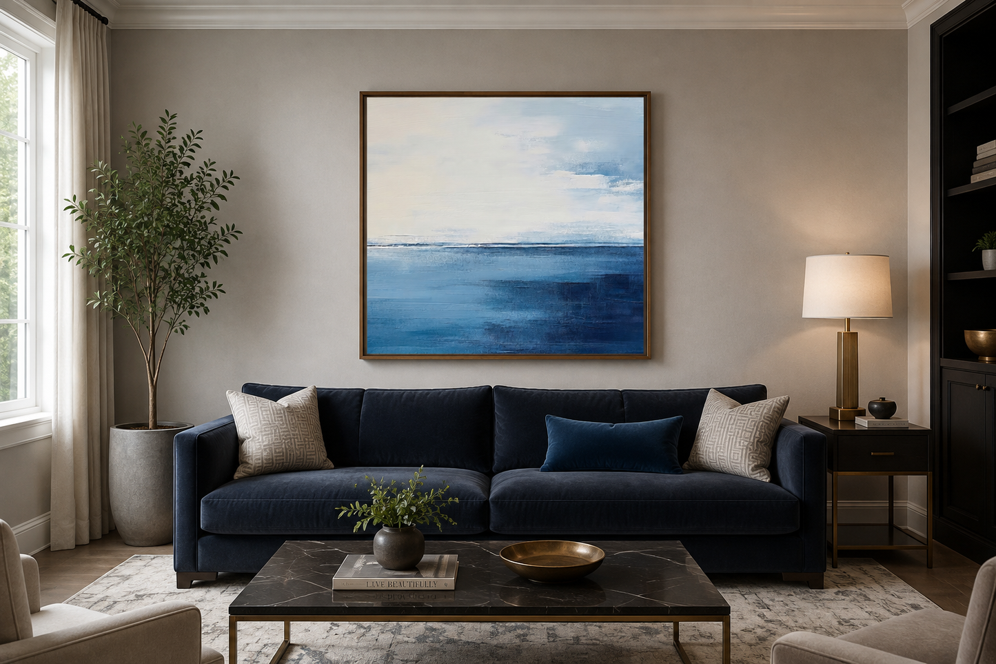 Abstract Ocean Grey Silver Navy Blue Square Framed Canvas Wall Art