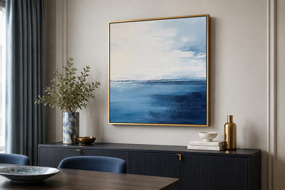 Abstract Ocean Grey Silver Navy Blue Square Framed Canvas Wall Art