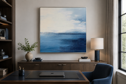 Abstract Ocean Grey Silver Navy Blue Square Framed Canvas Wall Art