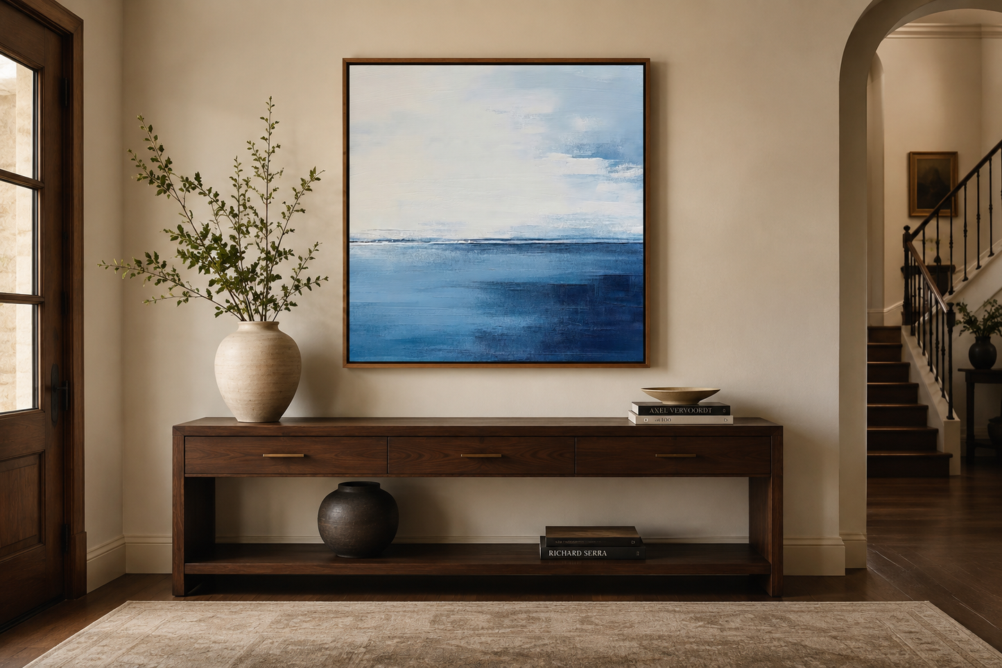 Abstract Ocean Grey Silver Navy Blue Square Framed Canvas Wall Art
