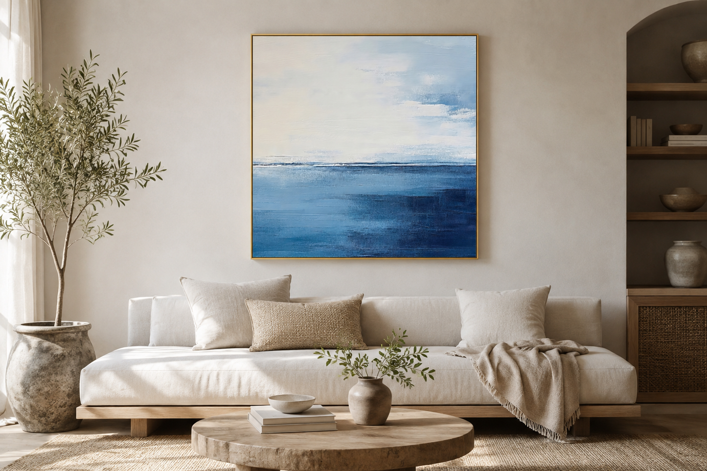 Abstract Ocean Grey Silver Navy Blue Square Framed Canvas Wall Art