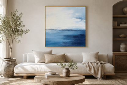 Abstract Ocean Grey Silver Navy Blue Square Framed Canvas Wall Art