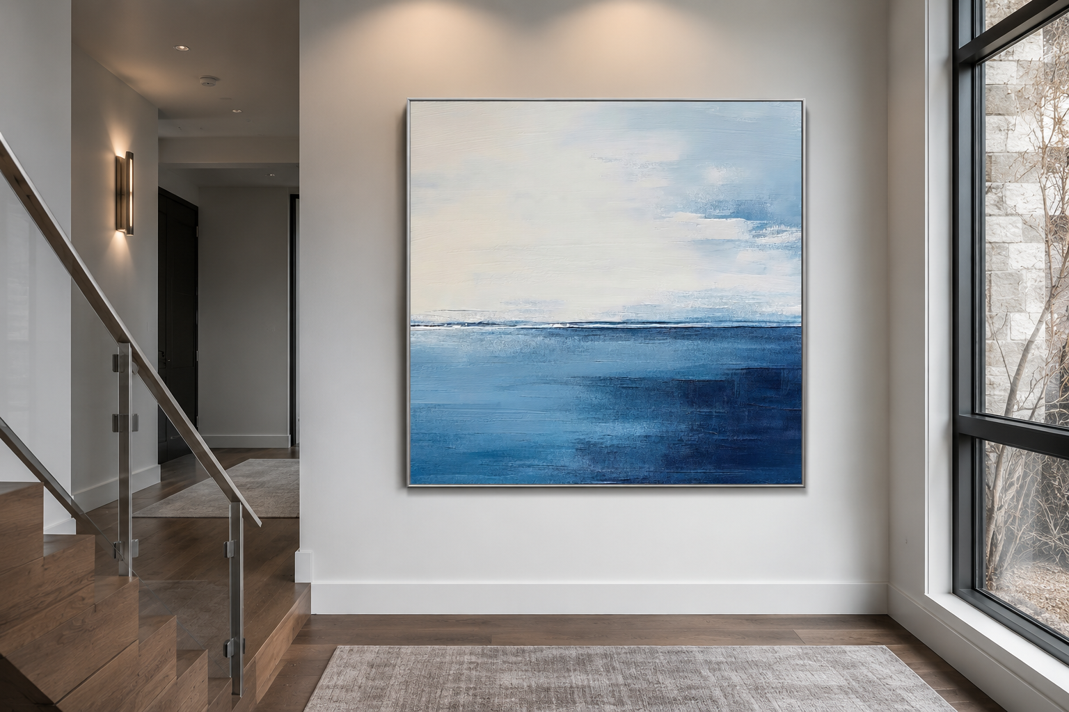Abstract Ocean Grey Silver Navy Blue Square Framed Canvas Wall Art