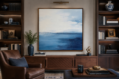 Abstract Ocean Grey Silver Navy Blue Square Framed Canvas Wall Art