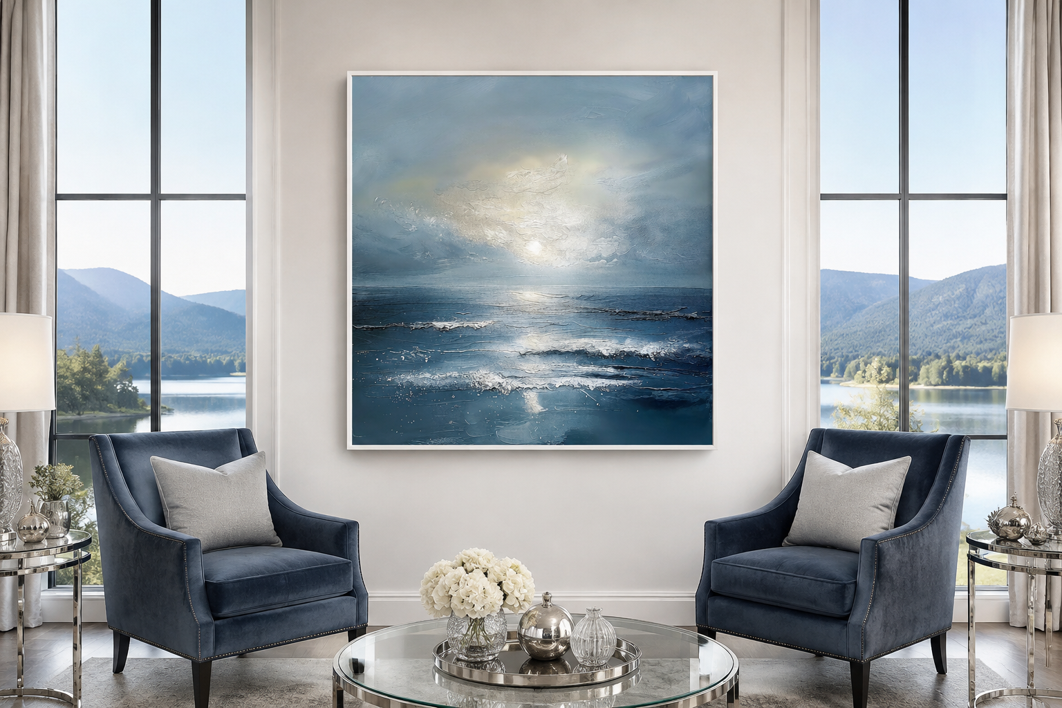 Abstract Ocean Blue Grey Coastal Framed Canvas Wall Art