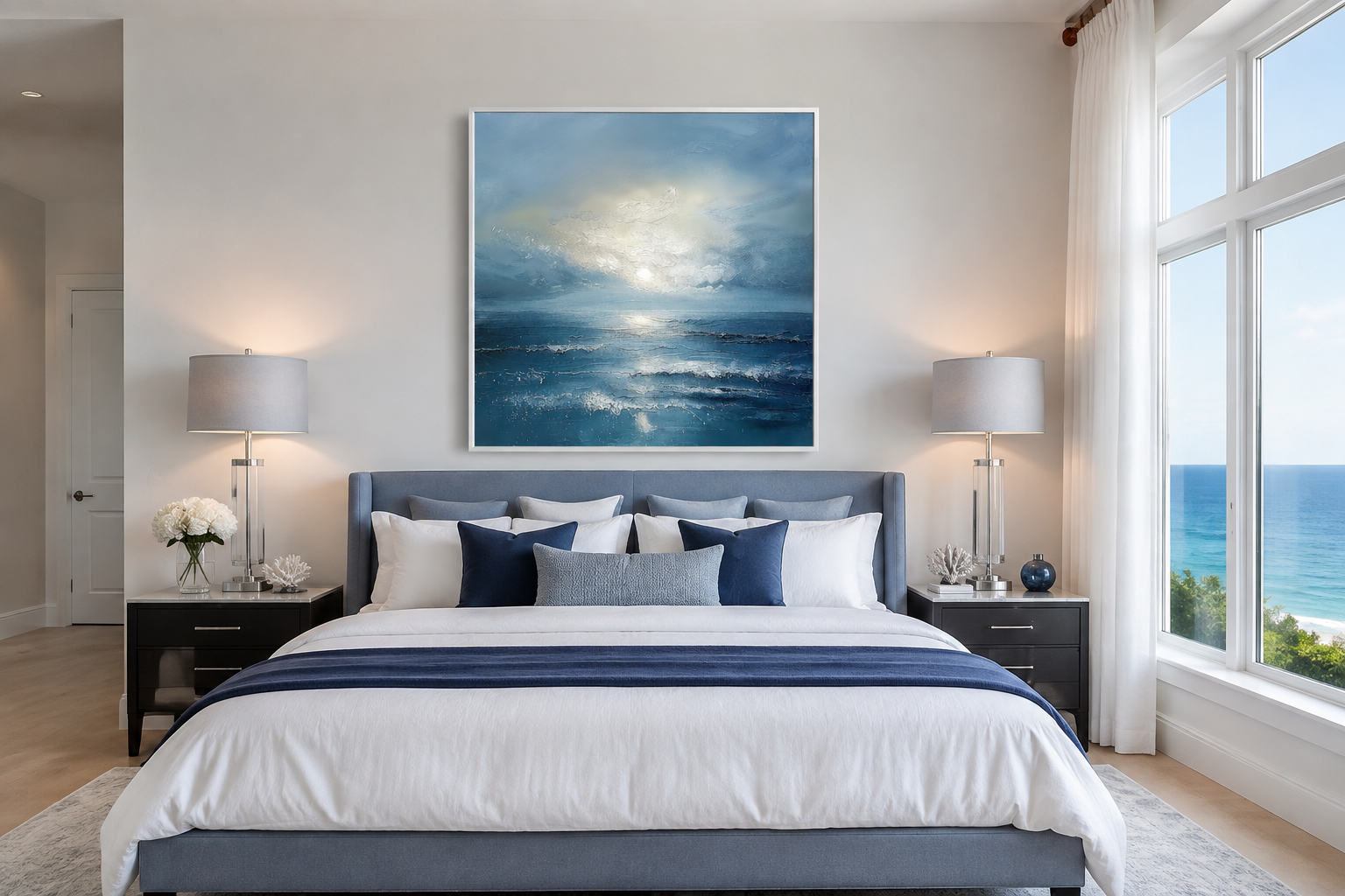 Abstract Ocean Blue Grey Coastal Framed Canvas Wall Art