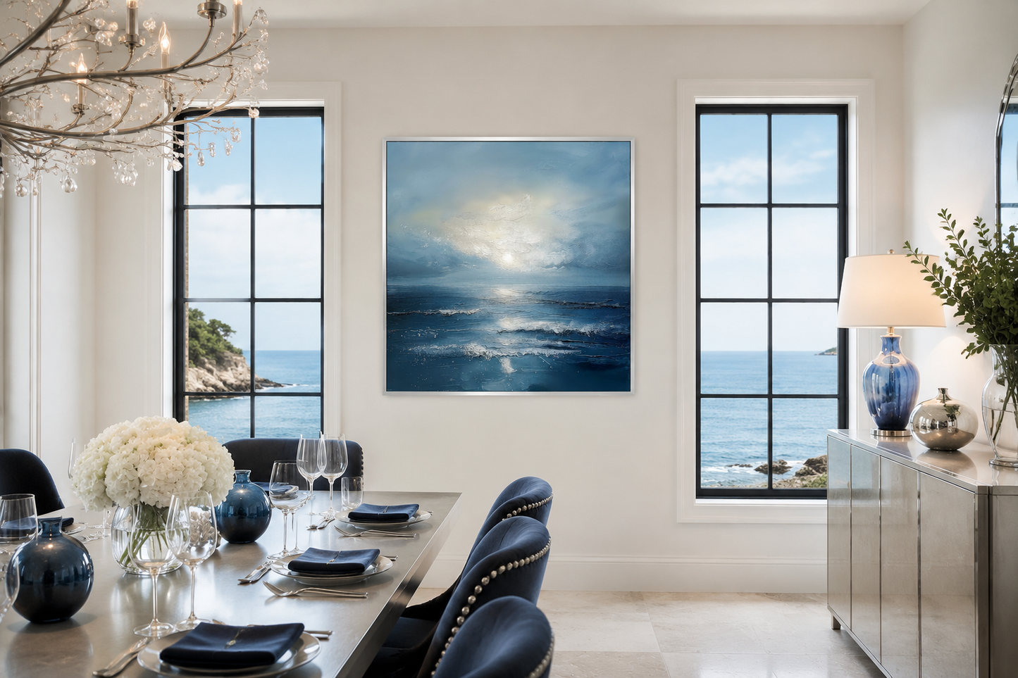 Abstract Ocean Blue Grey Coastal Framed Canvas Wall Art