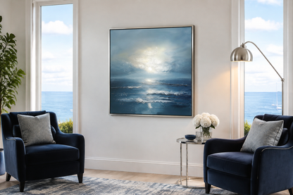 Abstract Ocean Blue Grey Coastal Framed Canvas Wall Art