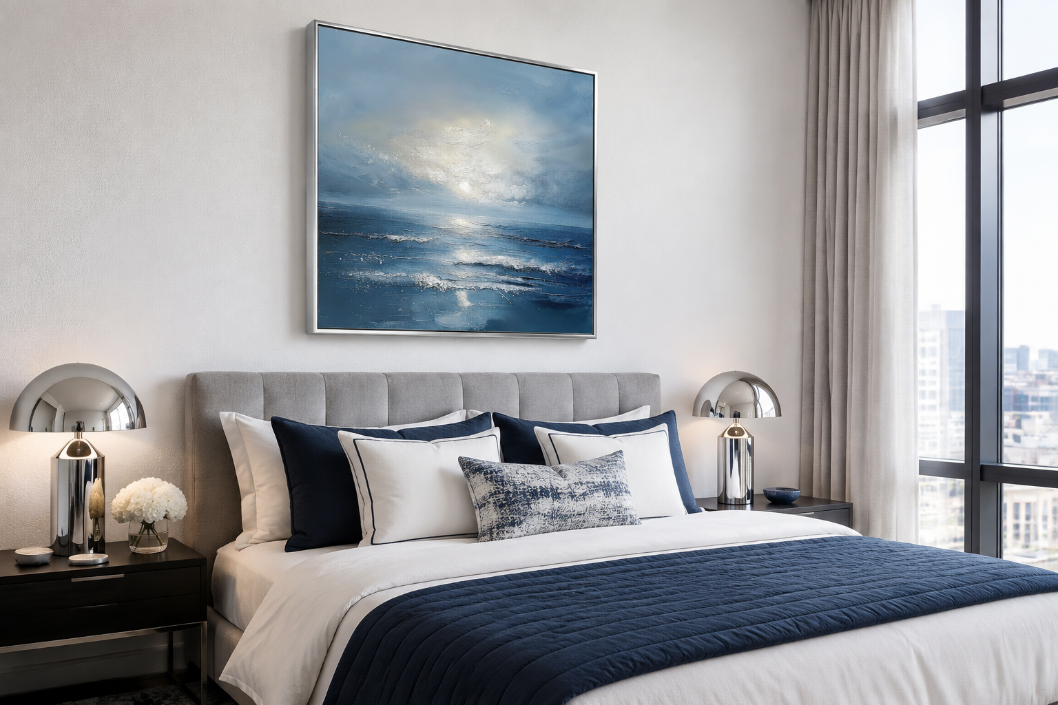 Abstract Ocean Blue Grey Coastal Framed Canvas Wall Art