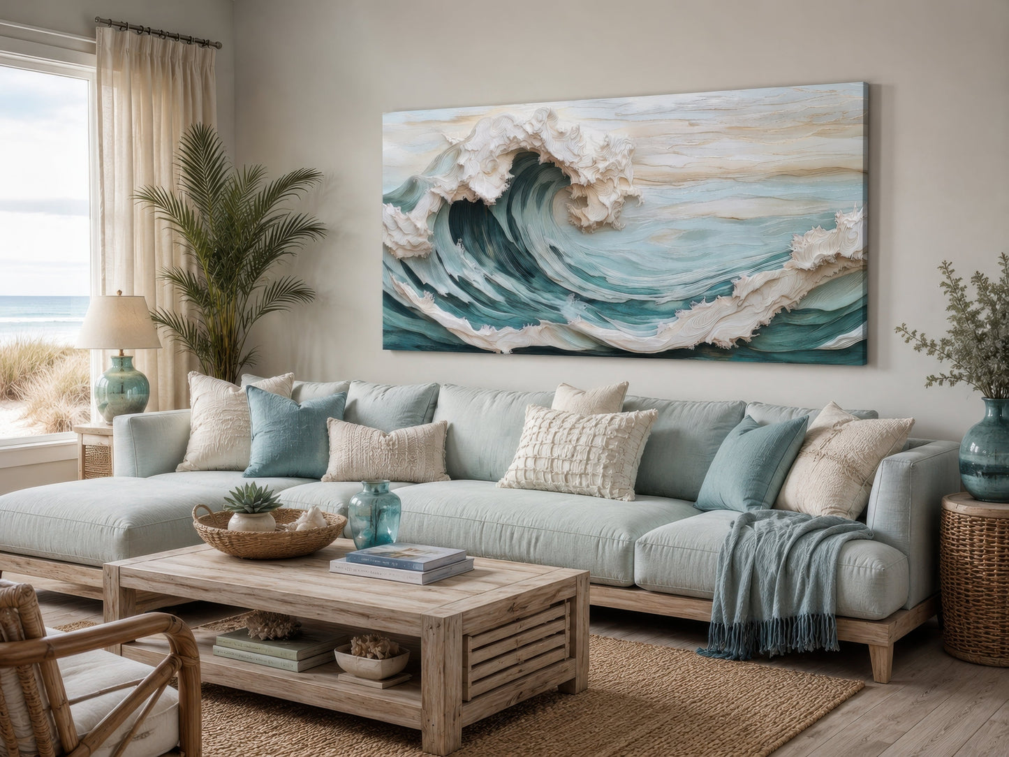 Abstract 3D Effect Teal Ocean Wave Framed Canvas Wall Art