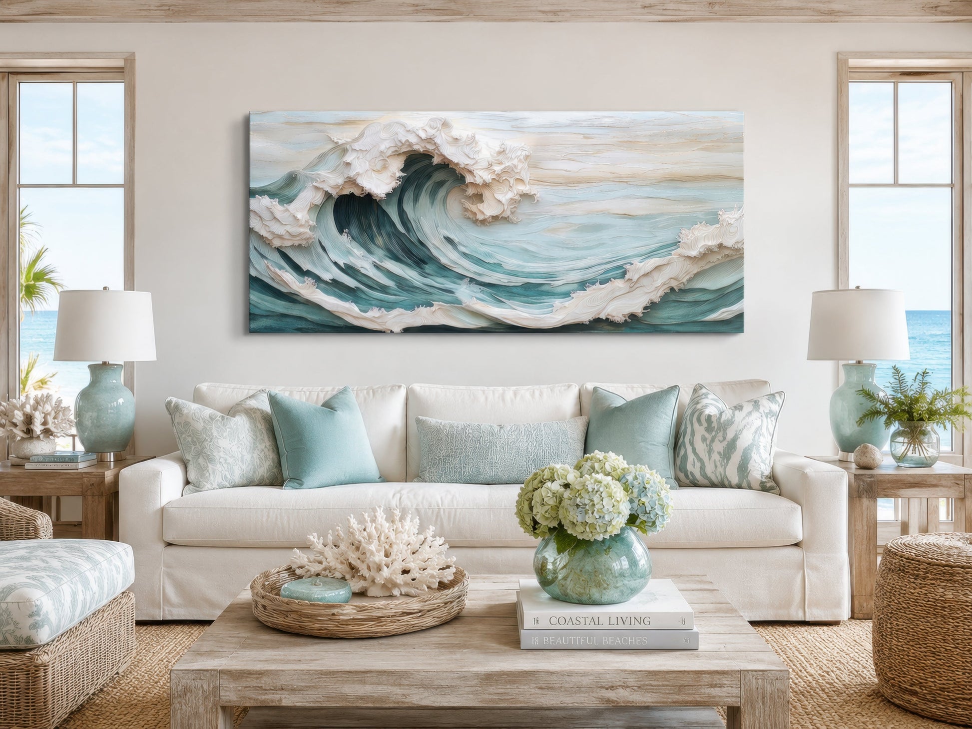 Abstract 3D Effect Teal Ocean Wave Framed Canvas Wall Art