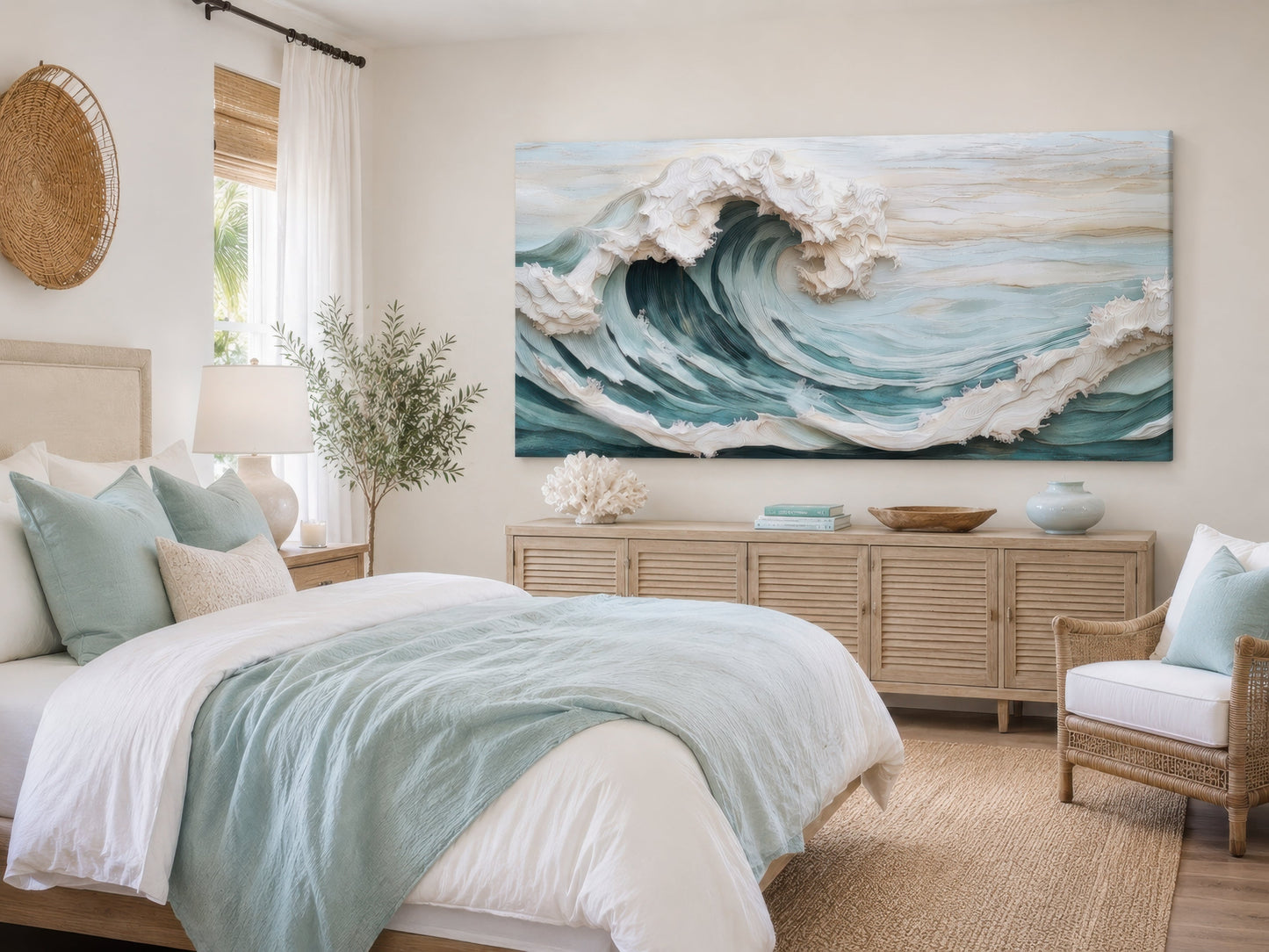 Abstract 3D Effect Teal Ocean Wave Framed Canvas Wall Art