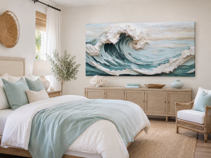 Abstract 3D Effect Teal Ocean Wave Framed Canvas Wall Art