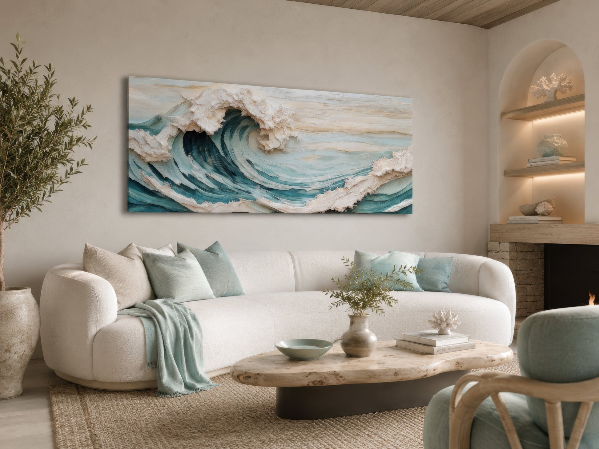 Abstract 3D Effect Teal Ocean Wave Framed Canvas Wall Art