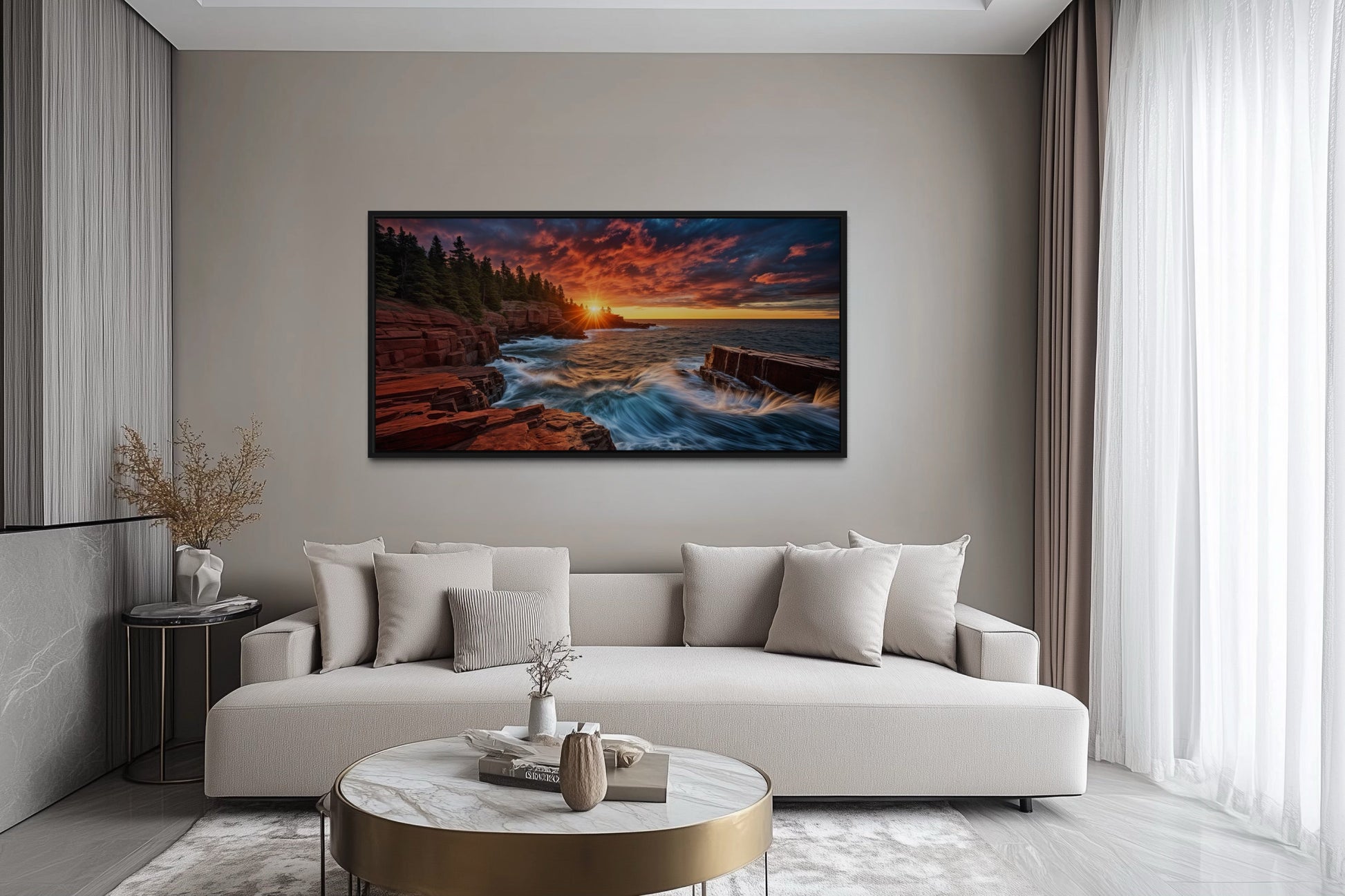 Acadia Sunset Canvas – Framed Coastal Sunset Artwork for Rustic Home Decor