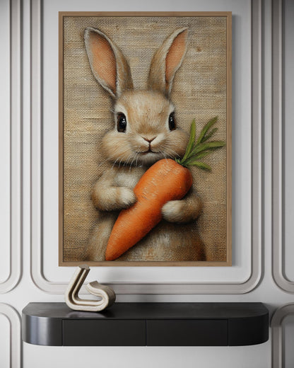 Adorable Bunny Holding Carrot Framed Canvas Wall Art