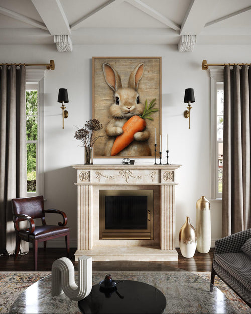 Adorable Bunny Holding Carrot Framed Canvas Wall Art