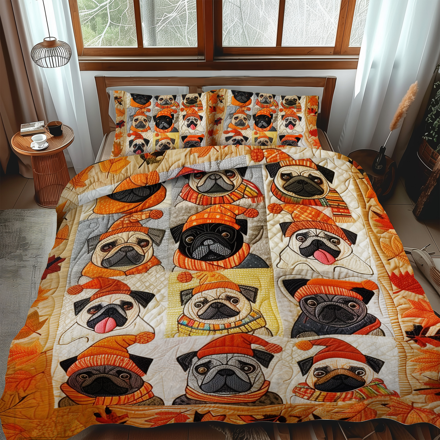 Adorable Pug 3-Piece Quilted Bedding Set - Single (59" x 70")