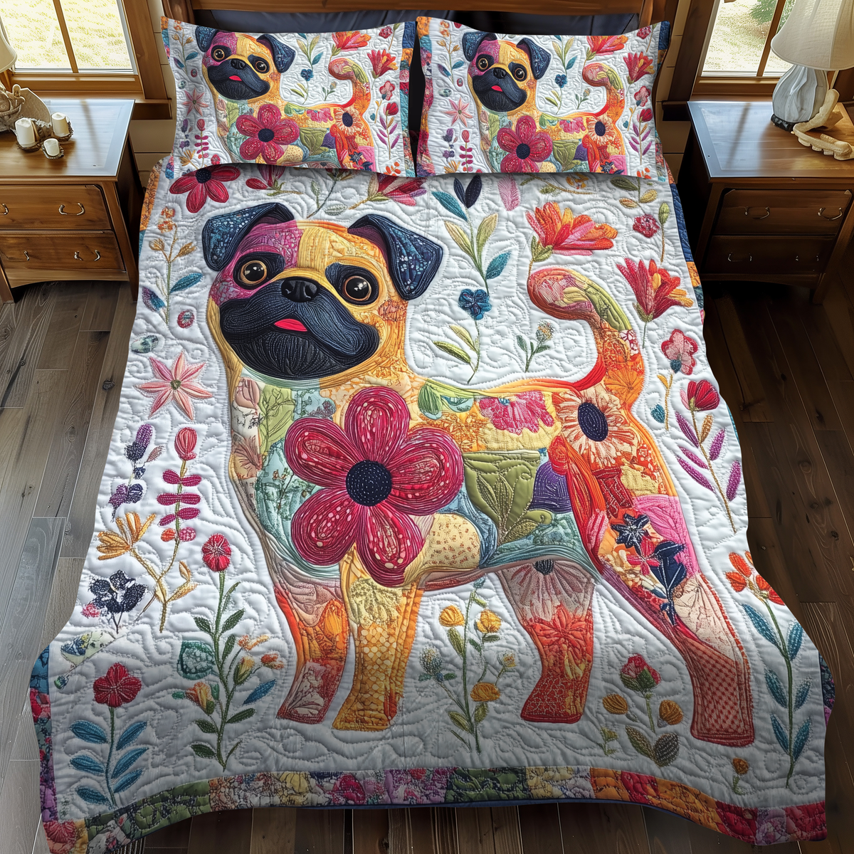 Adorable Pug 3-Piece Quilted Bedding Set - Single (59" x 70")