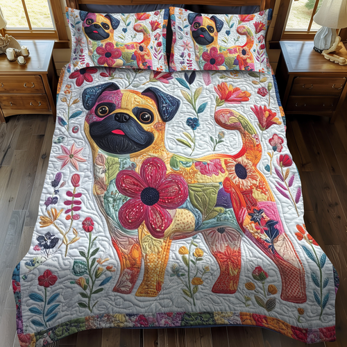 Adorable Pug 3-Piece Quilted Bedding Set - Single (59" x 70")