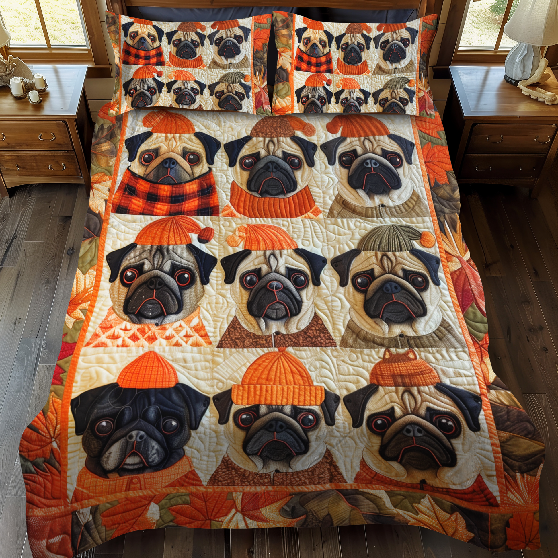 Adorable Pugs 3-Piece Quilted Bedding Set - Single (59" x 70")