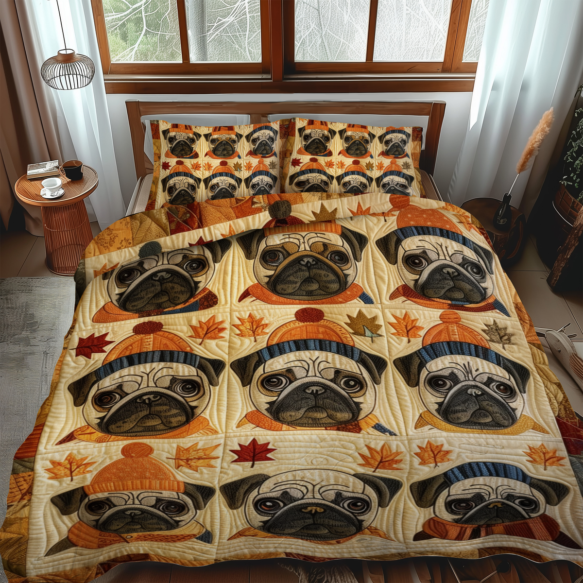 Adorable Pugs 3-Piece Quilted Bedding Set - Single (59" x 70")