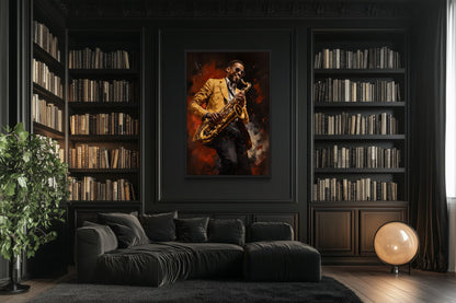African American Saxophone Player Jazz Music Framed Canvas Wall Art