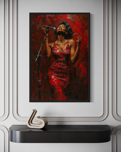 African American Woman Jazz Singer In Red Dress Framed Canvas Wall Art