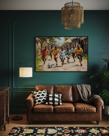 African Children Playing Soccer Framed Canvas Wall Art