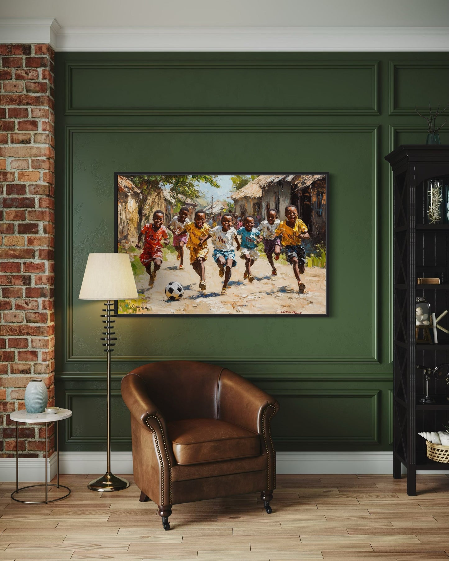 African Children Playing Soccer Framed Canvas Wall Art