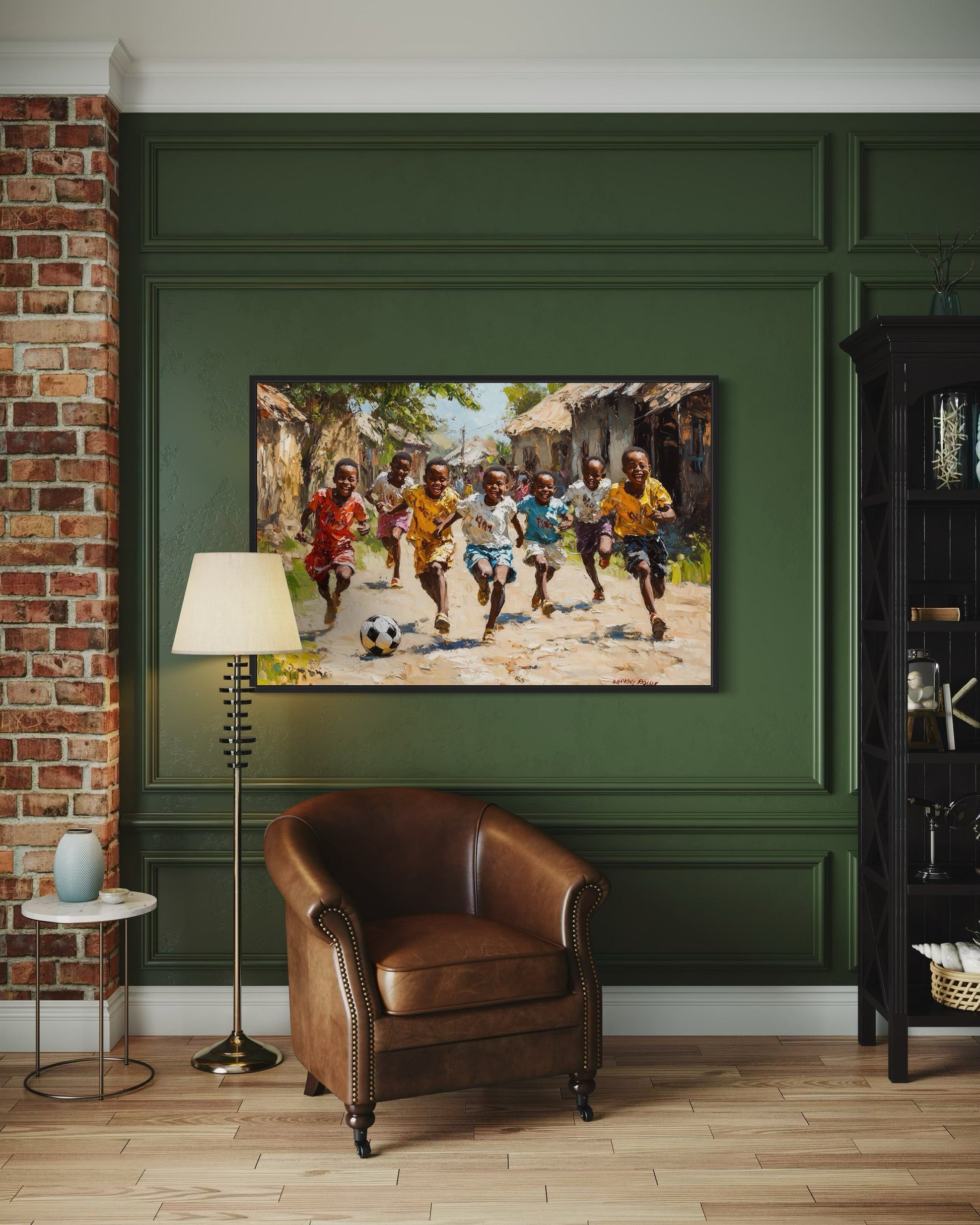 African Children Playing Soccer Framed Canvas Wall Art
