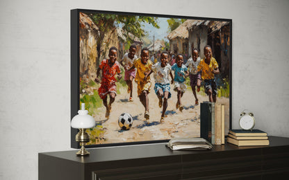 African Children Playing Soccer Framed Canvas Wall Art