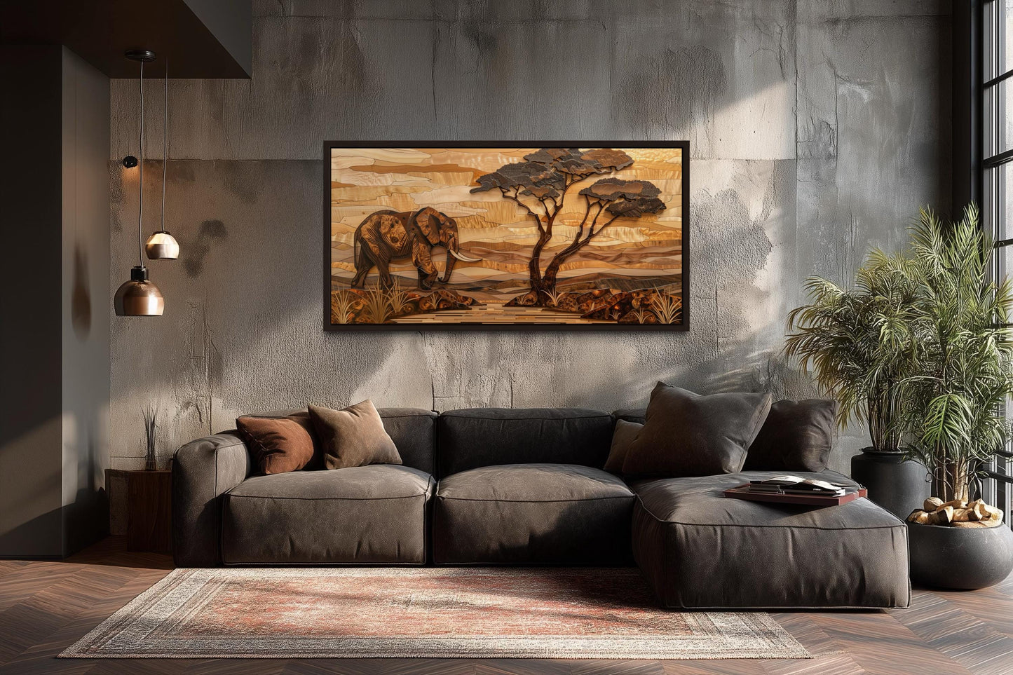 African Elephant Safari And Acacia Tree Canvas Wall Art