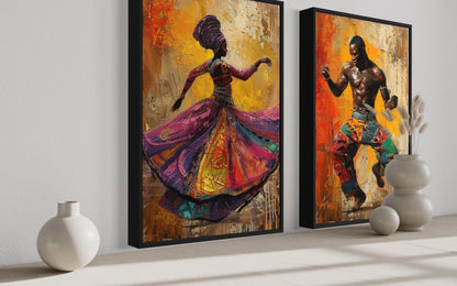 African Man And Woman Dancing Traditional Dance Framed Canvas Wall Art For African Wall Decor