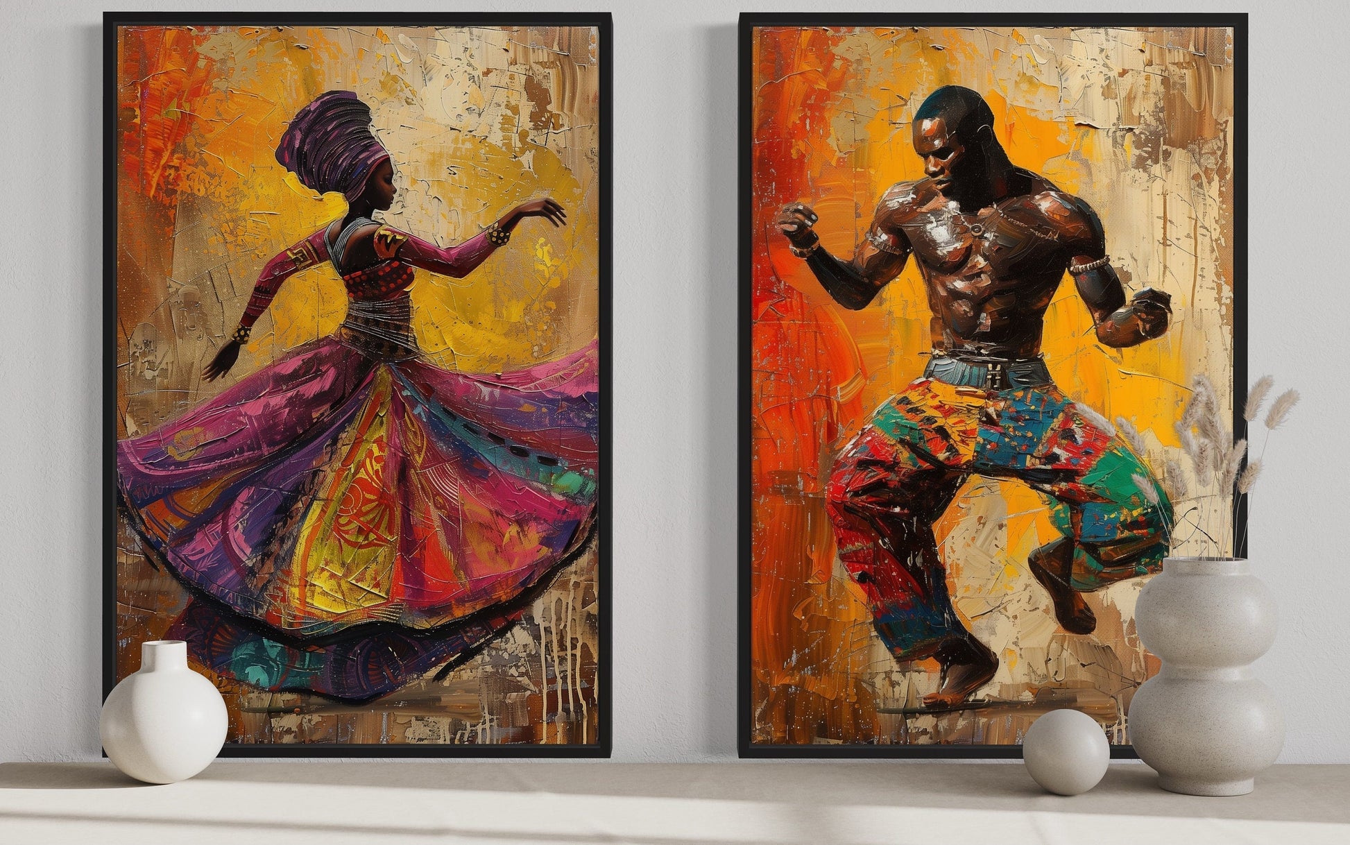 African Man And Woman Dancing Traditional Dance Framed Canvas Wall Art For African Wall Decor
