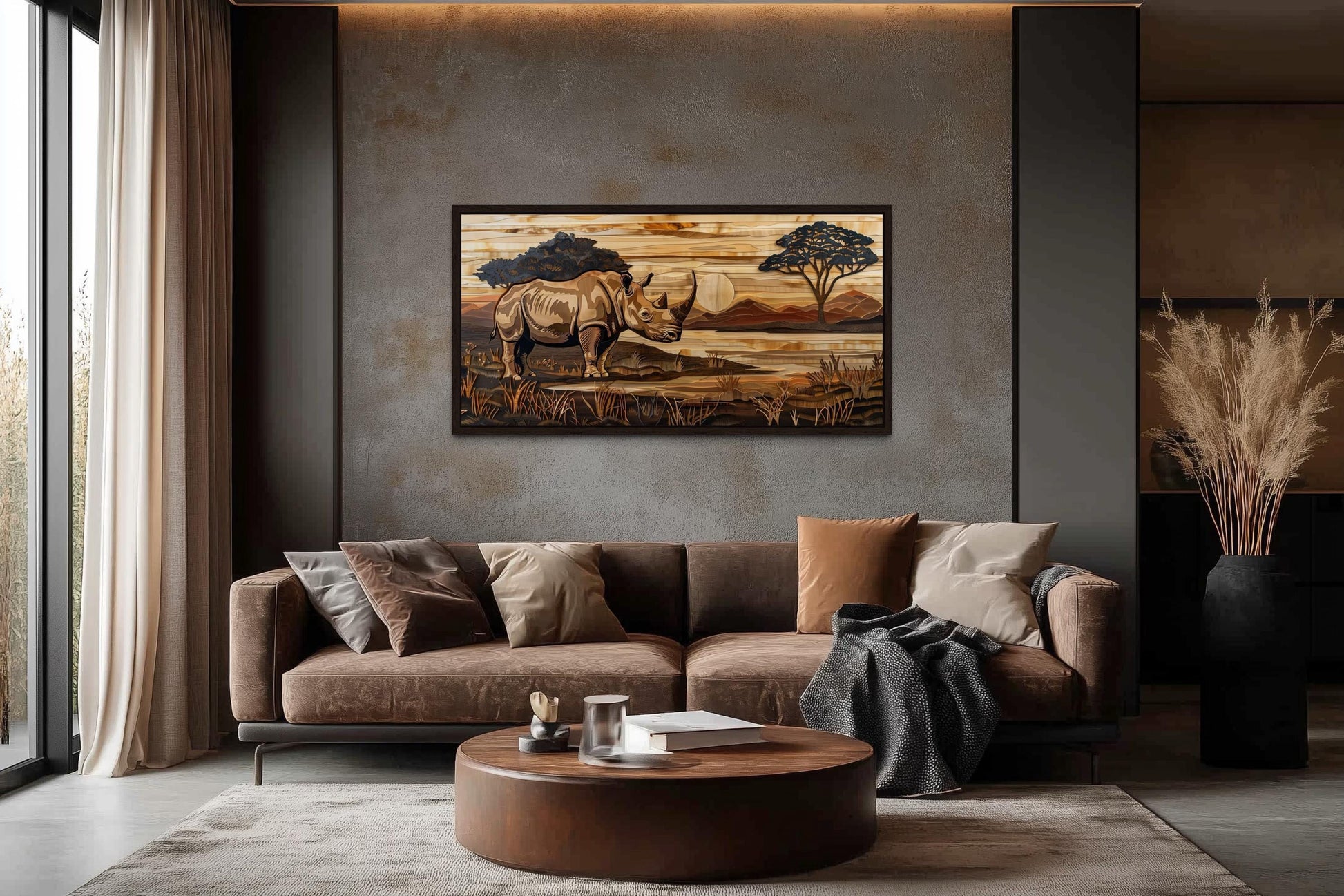 African Rhino In Savanna Sunset Distressed Wood Style Canvas Wall Art