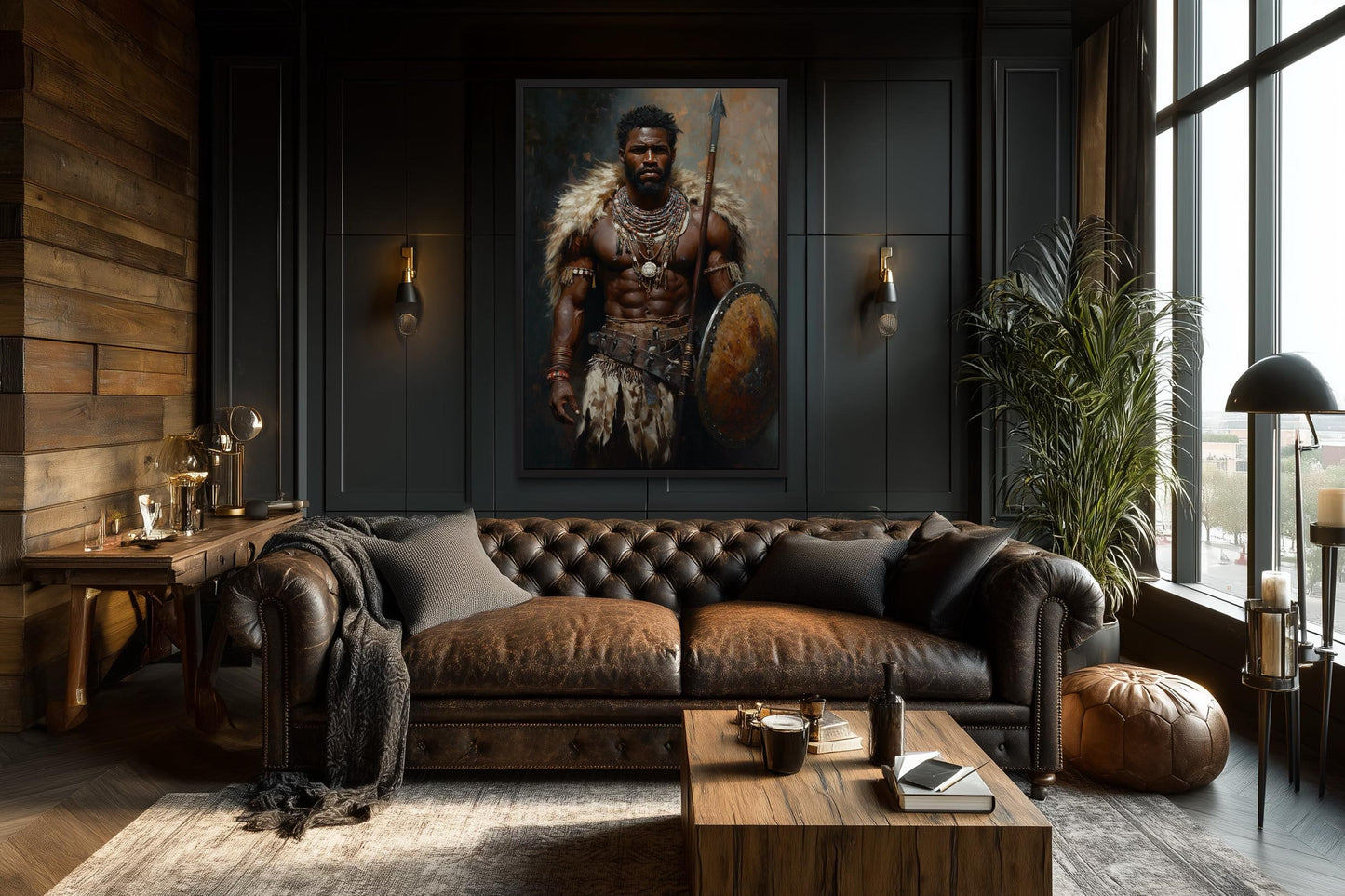 African Tribal Warrior Art - Masculine Canvas Print With Shield And Spear | Decor For Men